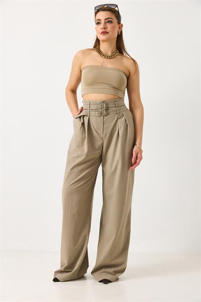 Kadın Çift Kemerli Salaş Kesim Bol Paça Pantolon Vizon