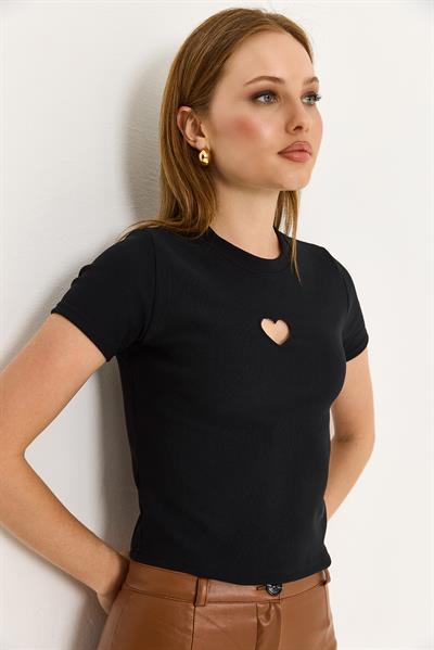 Kalp Detaylı Fitilli Örme Bluz Siyah