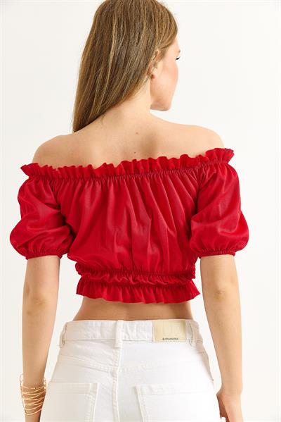 Madonna Yaka Büzgülü Crop Bluz Kırmızı