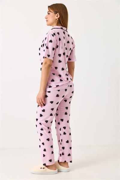 Kadın Kalp Baskılı Pembe Düğmeli Pijama Takımı 