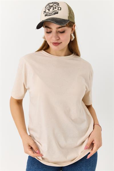 Kadın Bisiklet Yaka Baskısız Düz Bisiklet Yaka Tshirt Krem