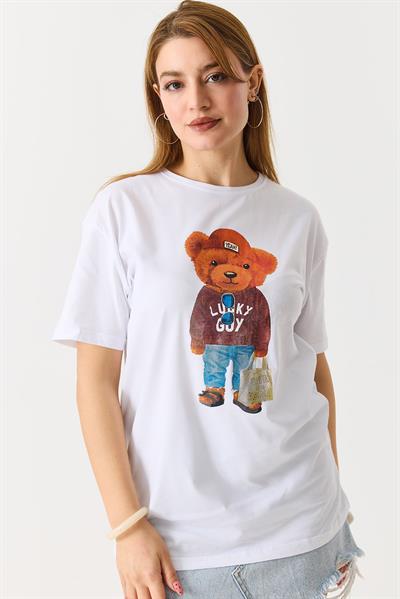 Ayıcık Baskılı Pamuklu Bisiklet Yaka Tshirt Beyaz