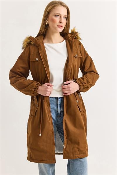 Kadın Taba Uzun  Boy Gabardin Kumaş İçi Yün Mont