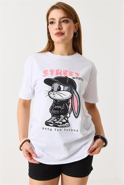 Kadın Baskılı Bisiklet Yaka Kısa Kol Tshirt Beyaz