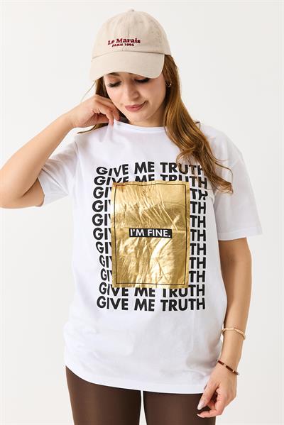 Kadın Dokulu I M Fıne Yazılı Bisiklet Yaka Tshirt Beyaz