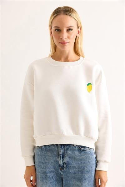 Limon Nakışlı Üç İplik Swetshirt Beyaz