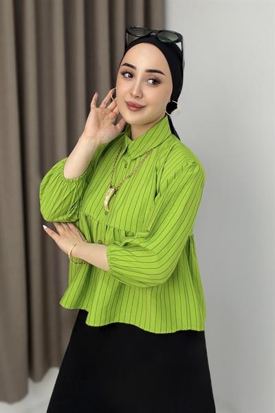 Kadın Çizgili Peplum Kesim Gömlek Bluz Yeşil