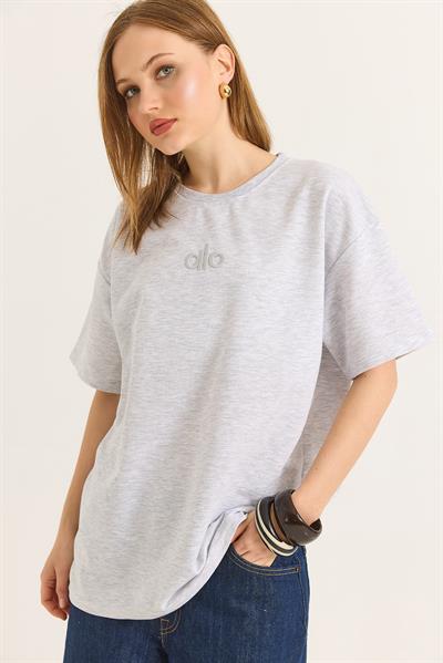 Alo Nakışlı Oversize Unisex Tshirt  Gri