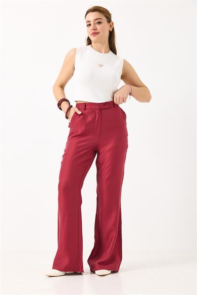 Kadın İspanyol Paça Çift Düğmeli Kumaş Pantolon Bordo
