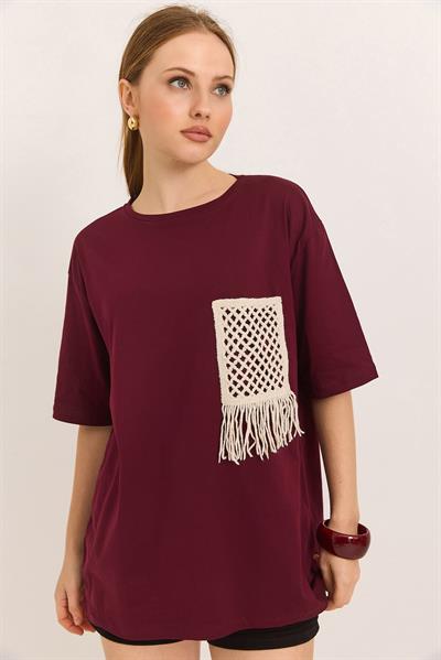 Hasır Cepli Yumuşak Dokulu Fit Tshirt Bordo