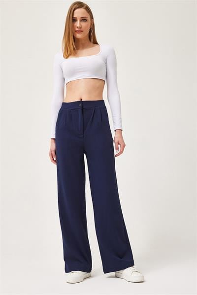 Yüksek Bel Cepli Palazzo Pantolon Lacivert