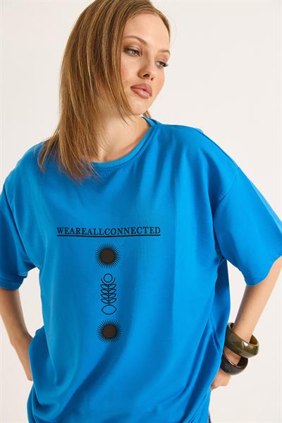Bisiklet Yaka Kısa Kol Baskılı Tshirt Mavi