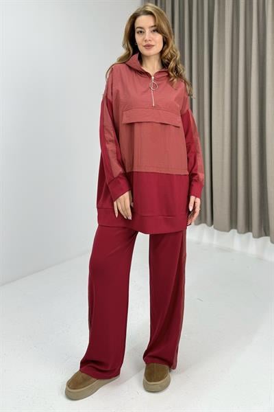 Kadın Beli Lastikli Yarım Fermuarlı Oversize Kpüşonlu Eşofman Takım Kırmızı