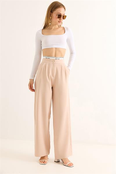 Geniş Paça Kemeri Garnili Palazzo Pantolon Vizon