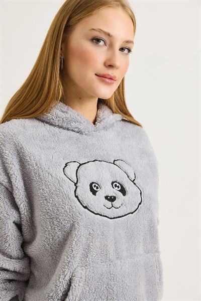 Kadın Kapüşonlu Nakış İşlemeli Peluş Sweatshirt  Gri
