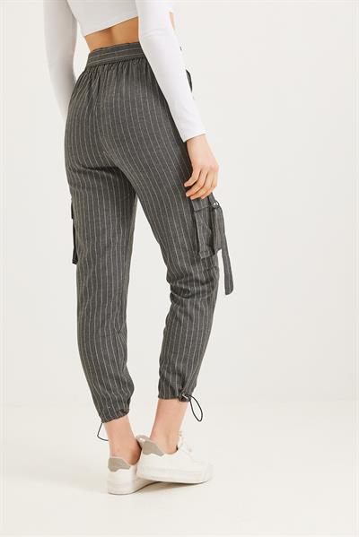  Yanları Cepli  Paça Lastikli Keten Pantolon Füme