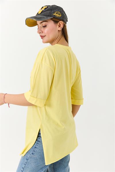 Kadın Garfield Baskılı Yanları Yırtmaçlı Bisiklet Yaka Tshirt Sarı
