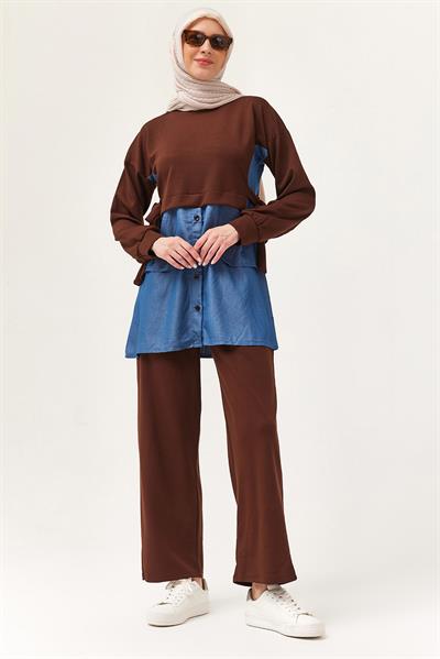 Kot Garnili Bağlamalı İkili Takım Kahverengi