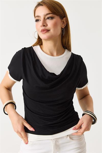 Kadın Drapeli İki Renkli Kısa Kollu  Tshirt Siyah