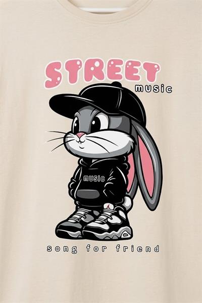 Kadın Baskılı Bisiklet Yaka Kısa Kol Tshirt Krem