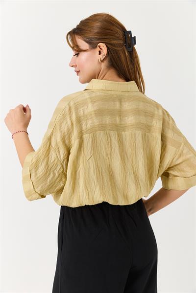 Kadın Beli Büzgülü Crop Bol Kesim Gömlek  Yağ Yeşili