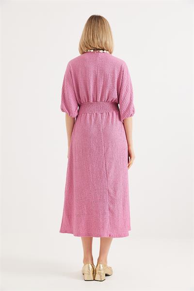 Beli Gipeli Kruvaze Yaka Midi Elbise Pembe