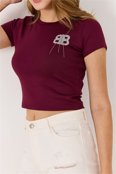 Kadın  Kısa Kollu Taşlı Crop Bluz Bordo