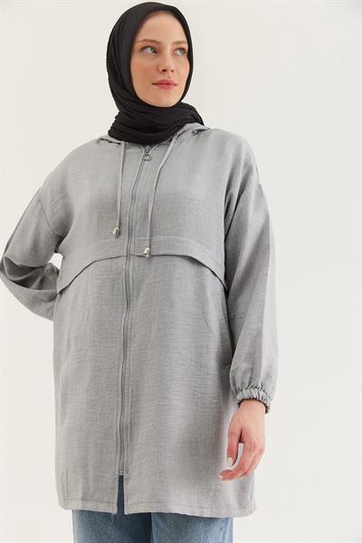 Araboy Kapşonlu Keten Tunik Gri