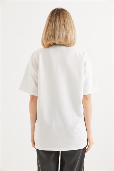 Baskılı Bisiklet Yaka Tshirt Beyaz