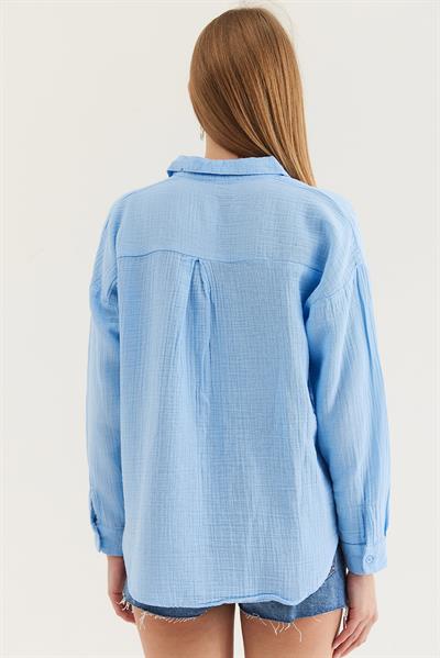 Uzun Kollu Oversize Gömlek Mavi