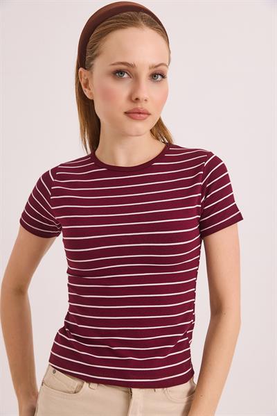 Kısa Kol Likralı Kompak Çizgili Tshirt Bordo