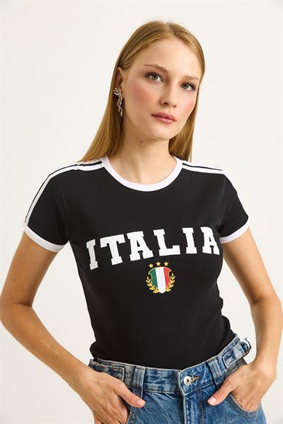 Bisiklet Yaka Baskılı Crop Tshirt Siyah