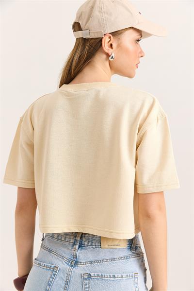 Bisiklet Yaka Havalı Crop İki İp Tshirt  Bej
