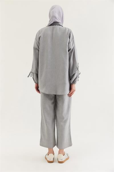 Kol Büzgülü Gömlek Pantolon İkili Takım Gri