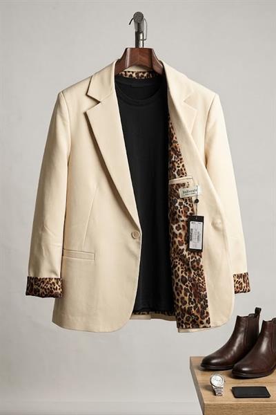 Kadın İç Astarı Leoparlı Tek Düğmeli Ceket Bej