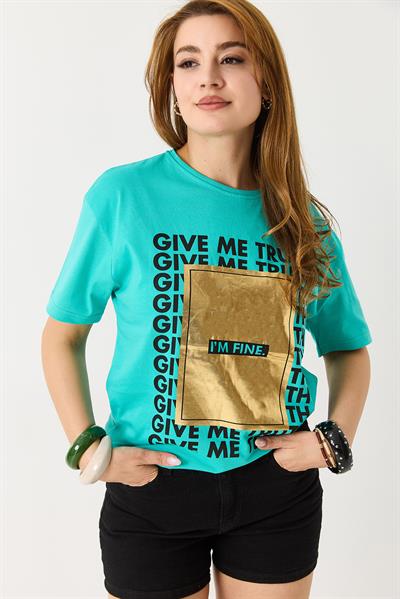Kadın Dokulu I M Fıne Yazılı Bisiklet Yaka Tshirt Yeşil