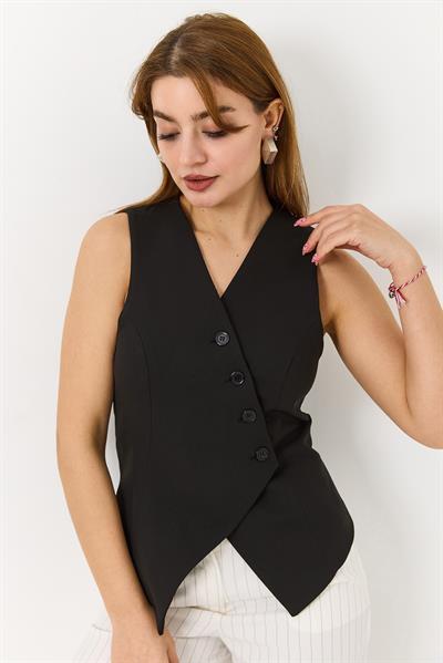 Kadın Çarpaz Düğmeli Kolsuz Yelek Siyah