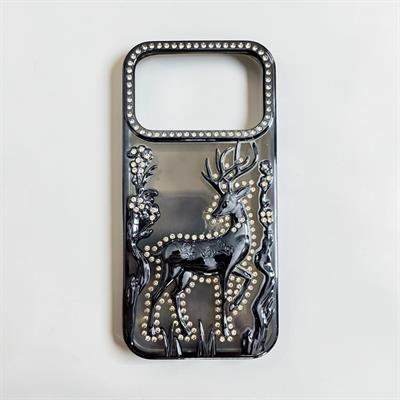 İphone 17 Pro Uyumlu Geyik ve Çiçek Kabartmalı Kılıf Lacivert