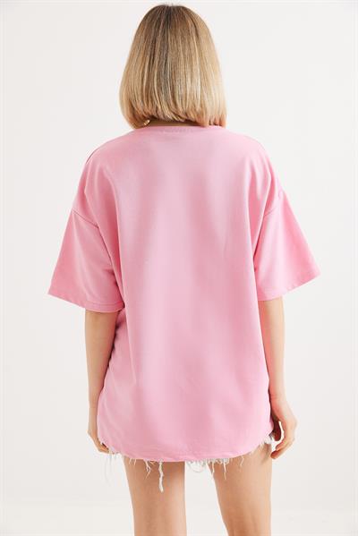 Nakışlı Bisiklet Yaka Tshirt Pembe