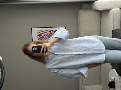 Çizgi Desenli  Rahat Kesim Kadın Gömlek Mavi