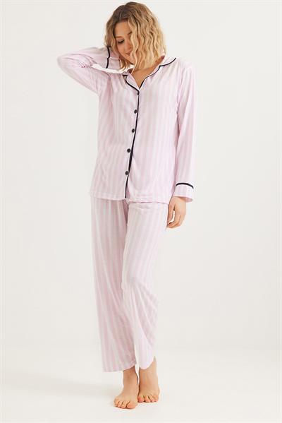 Düğmeli Uzun Kollu Pijama Takımı Pembe
