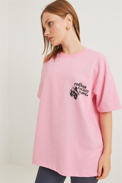 Baskılı Oversize İki İplik Tshirt Pembe