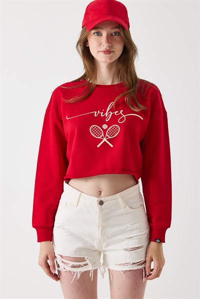 Kadın İki iplik Crop Sweatshirt Kırmızı