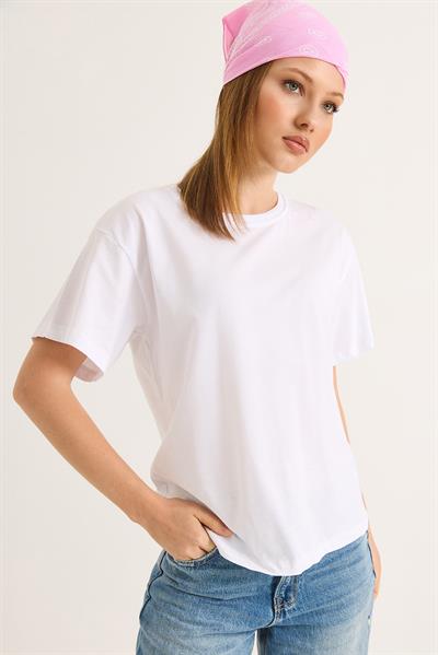 Bisiklet Yaka Kısa Kollu Fit Tshirt Beyaz