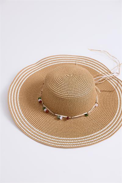 Fiyonk Detaylı Çizgili Hasır Plaj Havuz Şapkası Vizon