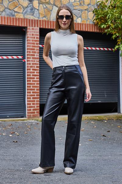Kadın Bol Paça Tam Kalıp Deri Pantalon 