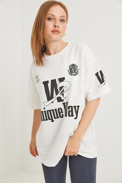 Bisiklet Yaka Baskılı Tshirt Beyaz