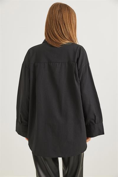 Kalp Nakışlı  Oversize Basic Gömlek Siyah
