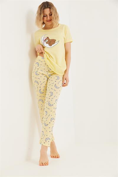Baskılı Kısa Kol Pijama Takım Sarı