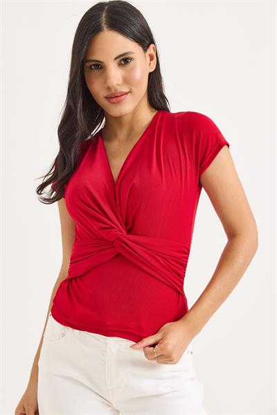 Kruvaze Yaka Çarpaz Bağlama Detaylı Bluz Kırmızı